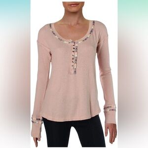 We The Free Pink Thermal Henley with Multicolor Detail